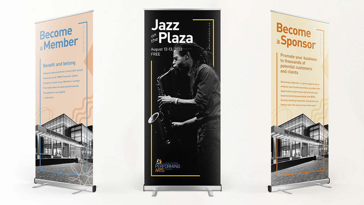Banner stand designs displayed throughout the facility